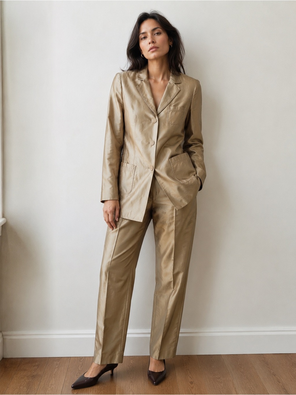 Luisa Cerano 100% Silk Pant Suit Champagne Longline Blazer & Trousers